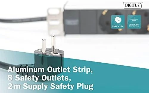 Assmann Electronic DIGITUS 19inch Outlet stripe aliuminio 8x Schuko juodas 16A 4000W In 1x Schuko incl.metal mount kit