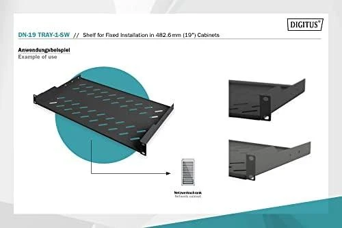 „Digitus“ | Fiksuota lentyna stelažams | DN-19 TRAY-1-SW | Fiksuoto montavimo lentynas galima lengvai sumontuoti ant dviejų priekinių 483 mm (19 colių) profilio bėgelių jūsų 483 mm (19 colių) tinklo arba serverių spintoje. Dėl stabilaus, perforuoto plieno lakšto, pasižyminčio didele apkrova, jie yra optimalus paviršius komponentams, kurie nėra tinkami 483 mm (19 colių) | Juodas