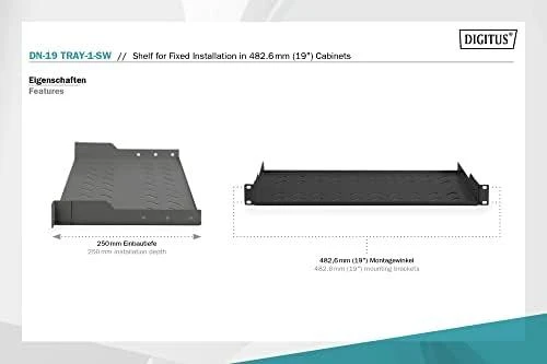 „Digitus“ | Fiksuota lentyna stelažams | DN-19 TRAY-1-SW | Fiksuoto montavimo lentynas galima lengvai sumontuoti ant dviejų priekinių 483 mm (19 colių) profilio bėgelių jūsų 483 mm (19 colių) tinklo arba serverių spintoje. Dėl stabilaus, perforuoto plieno lakšto, pasižyminčio didele apkrova, jie yra optimalus paviršius komponentams, kurie nėra tinkami 483 mm (19 colių) | Juodas