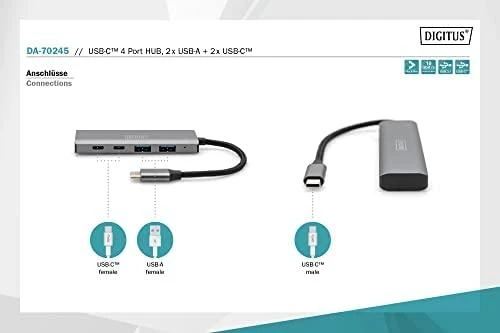 Digitus | USB-C 4 Port HUB 2x USB-A + 2x USB-C Gen2 | DA-70245 | USB-C Hub
