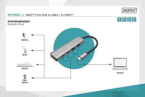 Digitus | USB-C 4 Port HUB 2x USB-A + 2x USB-C Gen2 | DA-70245 | USB-C Hub