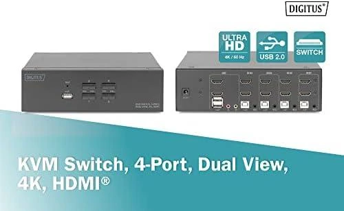 DIGITUS 4 prievadų KVM jungiklis su HDMI jungčių išdėstymu