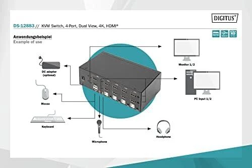 DIGITUS KVM-Switch 4 prievadų dvigubas ekranas, 4K, HDMI