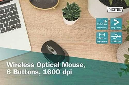 Pelė Digitus Bevielė pelė DIGITUS optinė 1600 DPI 6 przycisków 2,4 GHz, juoda-pilka