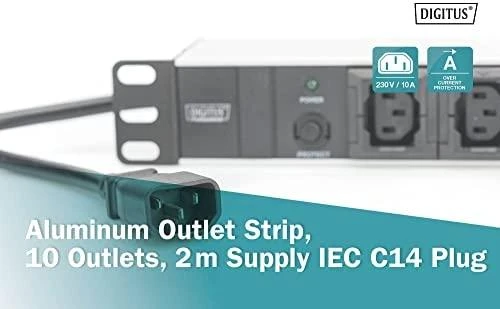 Assmann Electronic DIGITUS 19 colių išėjimo juostelė 10x juodas 10A 2500W Alu profilio apsauga nuo perkrovos C14 kištukas