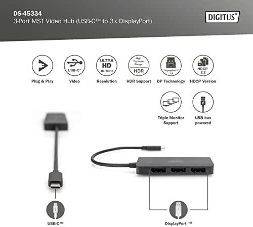 Digitus Skaitmenas | 3 prievadų MST vaizdo šakotuvas (USB-C-3x DisplayPort) | DS-45334