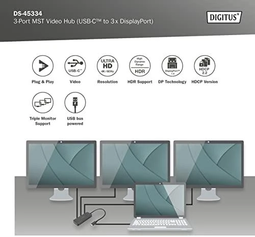 Digitus Skaitmenas | 3 prievadų MST vaizdo šakotuvas (USB-C-3x DisplayPort) | DS-45334
