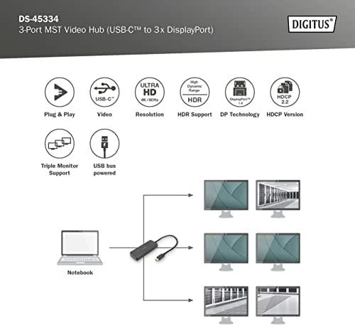 Digitus Skaitmenas | 3 prievadų MST vaizdo šakotuvas (USB-C-3x DisplayPort) | DS-45334