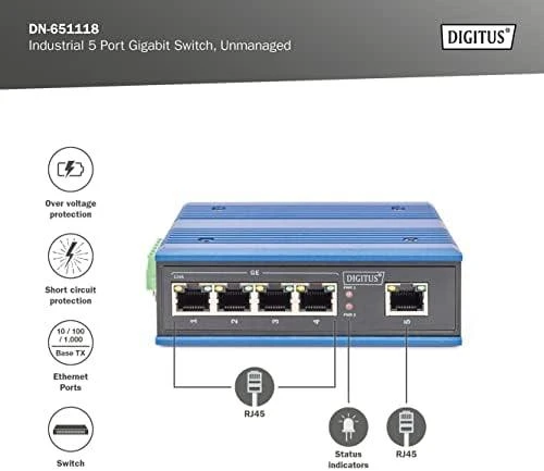 Šakotuvas Digitus INDUSTRIAL 5-PORT GIGABITSWITCH - DIN RAIL EXTENDED TEMP RANGE
