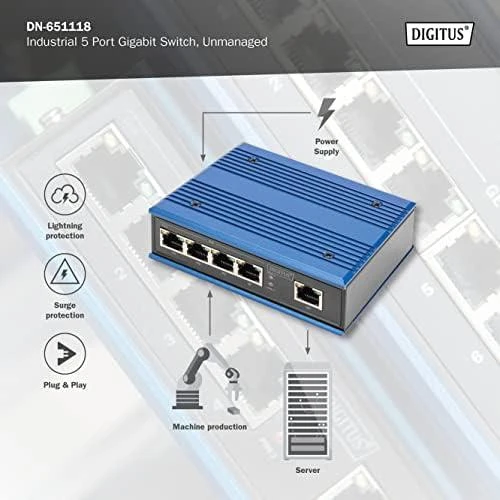 Šakotuvas Digitus INDUSTRIAL 5-PORT GIGABITSWITCH - DIN RAIL EXTENDED TEMP RANGE