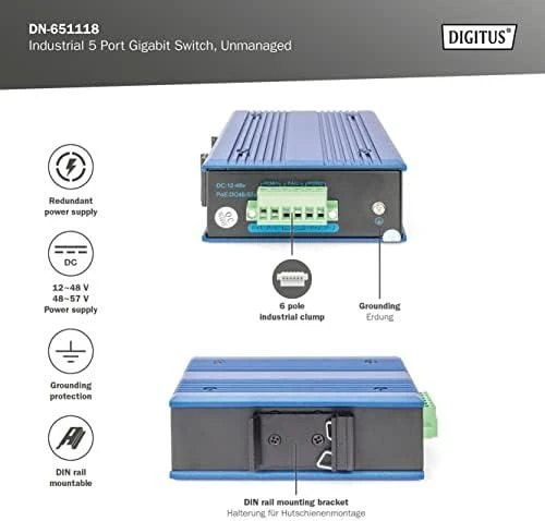 Šakotuvas Digitus INDUSTRIAL 5-PORT GIGABITSWITCH - DIN RAIL EXTENDED TEMP RANGE
