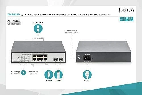Šakotuvas Assmann Electronic DIGITUS 8 Port Gigabit Switch 8xRJ45 6xPoE + 2G SFP 180W 802.3 af/at/bt standarto palaikymas