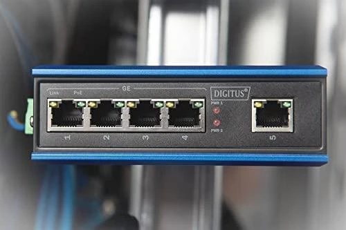Šakotuvas Digitus INDUSTRIAL 4-PORT GIGABITPOESW - 1XUPLINK DIN RAIL EXT.TEMP RANGE