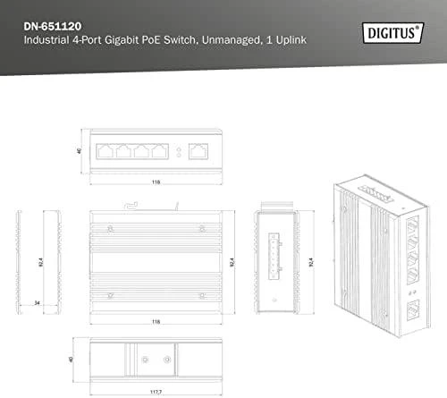 Šakotuvas Digitus INDUSTRIAL 4-PORT GIGABITPOESW - 1XUPLINK DIN RAIL EXT.TEMP RANGE