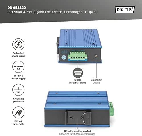 Šakotuvas Digitus INDUSTRIAL 4-PORT GIGABITPOESW - 1XUPLINK DIN RAIL EXT.TEMP RANGE