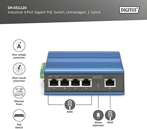 Šakotuvas Digitus INDUSTRIAL 4-PORT GIGABITPOESW - 1XUPLINK DIN RAIL EXT.TEMP RANGE