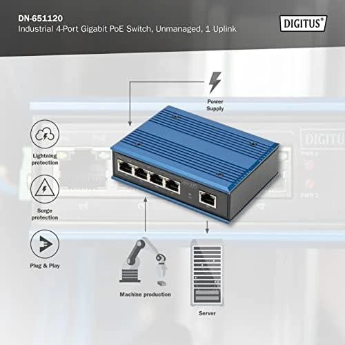 Šakotuvas Digitus INDUSTRIAL 4-PORT GIGABITPOESW - 1XUPLINK DIN RAIL EXT.TEMP RANGE