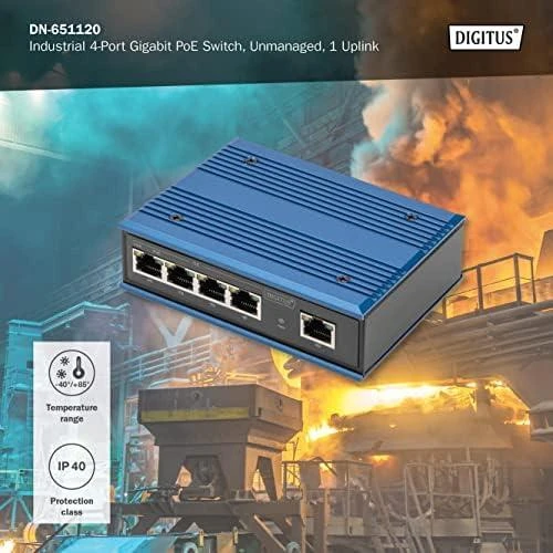 Šakotuvas Digitus INDUSTRIAL 4-PORT GIGABITPOESW - 1XUPLINK DIN RAIL EXT.TEMP RANGE