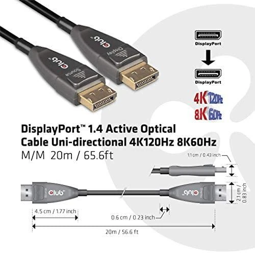 CLUB 3D DisplayPort 1.4 aktyvus optinis kabelis, vienkryptis 4K120Hz 8K60Hz M/M 20m