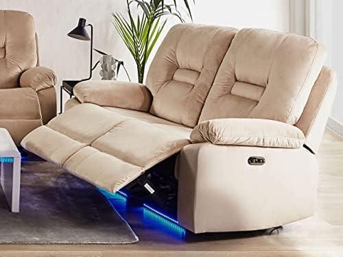 Beliani Dvivietė sofa su elektrine relaksacijos funkcija BERGEN veliūrinė šviesiai smėlio spalvos su USB prievadu