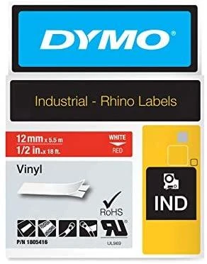 Rhino Professional, žymėjimo juosta, 12mm, baltas tekstas ant raudonos juostos, 5,5 m DYMO / 1805416