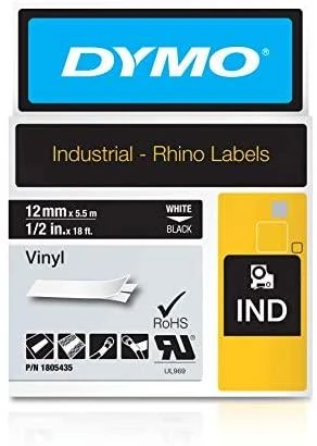 DYMO Rhino Professional, pastebima nuolatinė vinilo juosta, 12mm, baltas tekstas ant juodos juostos, 5,5m 1805435