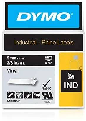 Juostelė DYMO Rhino 9mm x 5,5m, vinilinė, balta ant juodo / 1805437