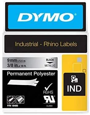 DYMO Rhino Poliesterio Juostelė 9mm x 5.5m / juodas ant metalizuotos (18485)