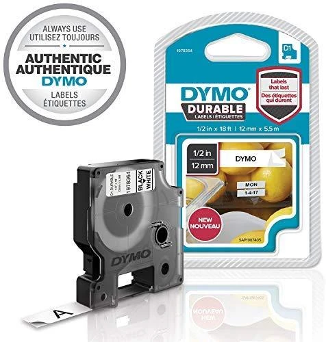 DYMO D1 Patvarus 12 mm x 5,5 M, Juodas ant Balto
