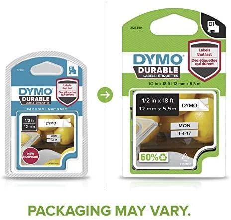 DYMO D1 Patvarus 12 mm x 5,5 M, Juodas ant Balto