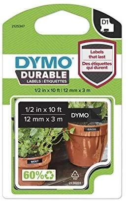 DYMO D1 Durable - Baltas on Juodas - 12mm etikečių juostelė Balta ant juodo
