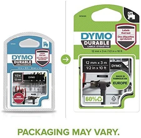 DYMO D1 Durable - Baltas on Juodas - 12mm etikečių juostelė Balta ant juodo