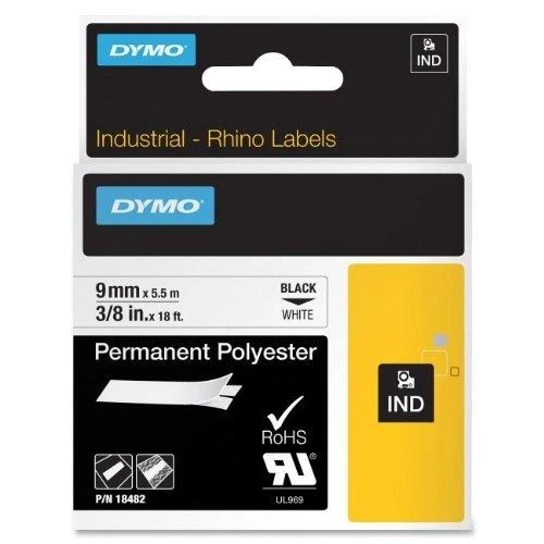 Juostelė DYMO Rhino 9mm x 5.5m, poliesterio, juoda ant balto / S0718240 18482