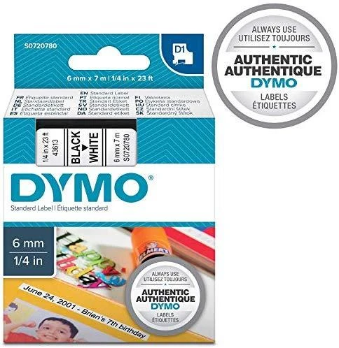 Juostelė DYMO D1, 6 mm x 7 m, Juodas šriftas/BALTA juosta