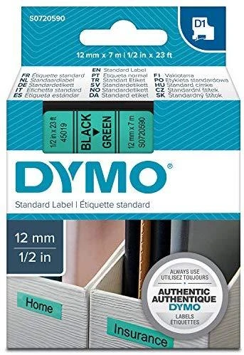 Juostelė DYMO D1 12mm x 7m, vinilinė, juoda ant žalio / S0720590 45019