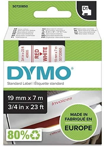 DYMO D1 ženklinimo juosta standartinė 19mm, raudona ant balto, 7 m voleliu (45805) DYMO / S0720850