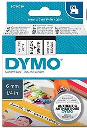 Juostelė DYMO D1, 6 mm x 7 m, Juodas šriftas/BALTA juosta