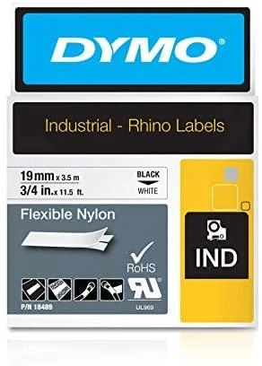 DYMO 18489 RHINO Nailono Juostelė 19mm x 3,5m (balta / juodas šifras)