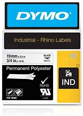 Juostelė DYMO Rhino 19 mm x 5.5 m, ilgalaikis poliesteris, juodas šriftas baltame fone