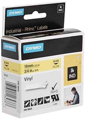 Juostelė DYMO Rhino 19mm x 5.5m, vinilinė, juoda ant geltono / S0718470 18433