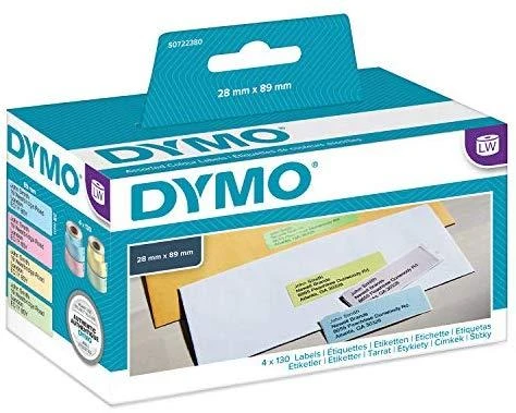 DYMO S0722380 Etiketės spalvotos 89 x 28mm (4x130vnt): geltona, mėlynas, rausva, žalia