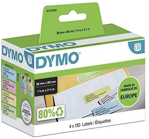 DYMO S0722380 Etiketės spalvotos 89 x 28mm (4x130vnt): geltona, mėlynas, rausva, žalia