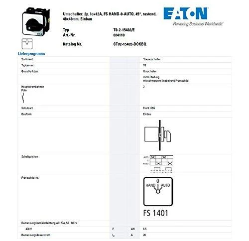 Eaton 20A kumštelio jungiklis T0-2-15432 / E 034110