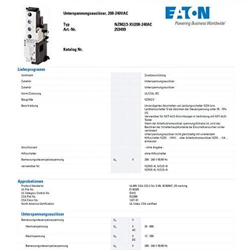 „Eaton“ žemos įtampos laidas NZM2/3-XU208-240AC – 259499
