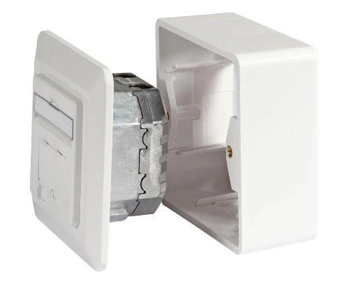 Efb Elektronik EFB EFB duomenų lizdas Cat6a 500MHz BALTA viršuje apačioje paviršinio montavimo 2xRJ45 RAL9010 EA klasė 10Gbit 40 laipsnių lizdas su 6,3 mm įžeminimo antgaliu