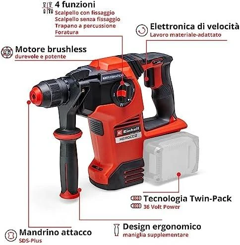 Einhellakc Akumuliatorinis perforatorius EINHELL HEROCCO 36/28, 2 x 18 V, 3,2 J, SDS-plus, be akumuliatoriaus