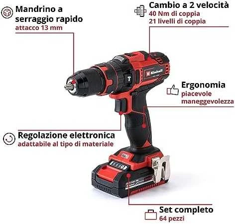 Einhell smūginis suktuvas gręžtuvas TE-CD 18/40 Li-i + 64 priedai (2×2,0Ah) 4513992