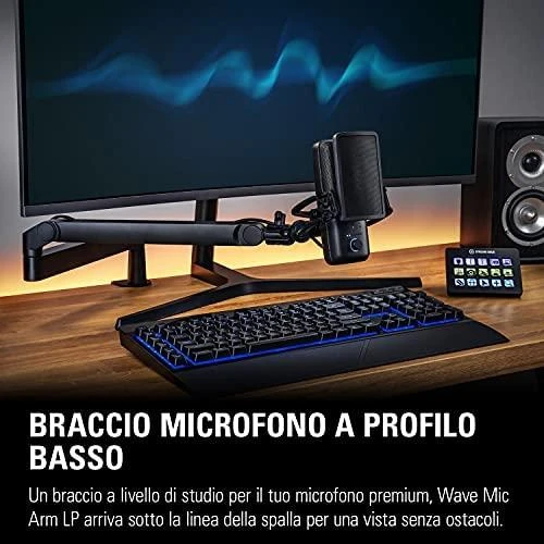 Elgato | Wave Mic Arm | 10AAN9901 | Viršutinės rankos darbo stalo prošvaisa (160 mm); Apatinės rankos darbo stalo prošvaisa (70 mm); Horizontalus siekis (740 mm); Vertikalus sukimas (90 ° aukštyn / 60 ° žemyn (alkūnė); Stalinis spaustukas išplečiamas iki 60 mm | Žemas profilis