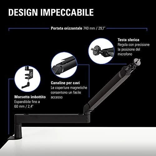 Elgato | Wave Mic Arm | 10AAN9901 | Viršutinės rankos darbo stalo prošvaisa (160 mm); Apatinės rankos darbo stalo prošvaisa (70 mm); Horizontalus siekis (740 mm); Vertikalus sukimas (90 ° aukštyn / 60 ° žemyn (alkūnė); Stalinis spaustukas išplečiamas iki 60 mm | Žemas profilis