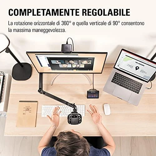 Elgato | Wave Mic Arm | 10AAN9901 | Viršutinės rankos darbo stalo prošvaisa (160 mm); Apatinės rankos darbo stalo prošvaisa (70 mm); Horizontalus siekis (740 mm); Vertikalus sukimas (90 ° aukštyn / 60 ° žemyn (alkūnė); Stalinis spaustukas išplečiamas iki 60 mm | Žemas profilis
